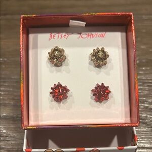 Betsey Johnson Gold and Red Bow Earrings Set